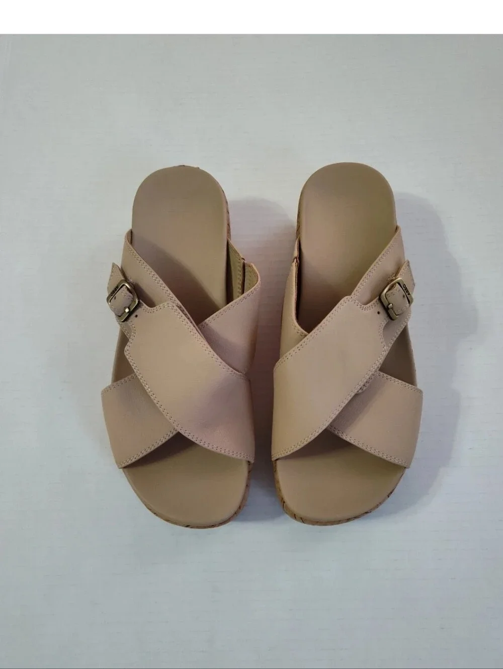 Abeo Dylan Solstice Criss Cross Leather Slide Sandals Beige Size 9.5 Cork Wedge
